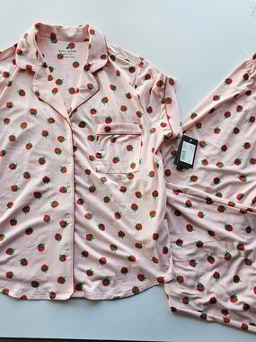 Kate Spade Pink Strawberry-Print Button-Down soft Cozy Pajama Set NWT $78